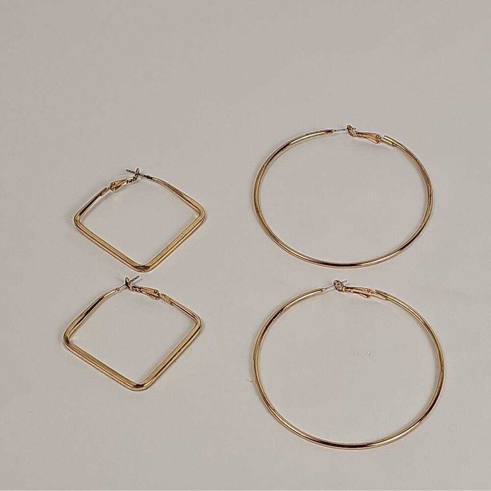 Vintage 1980s Gold Tone Hoop Earrings Lot 2 Pairs Round Square Geometric